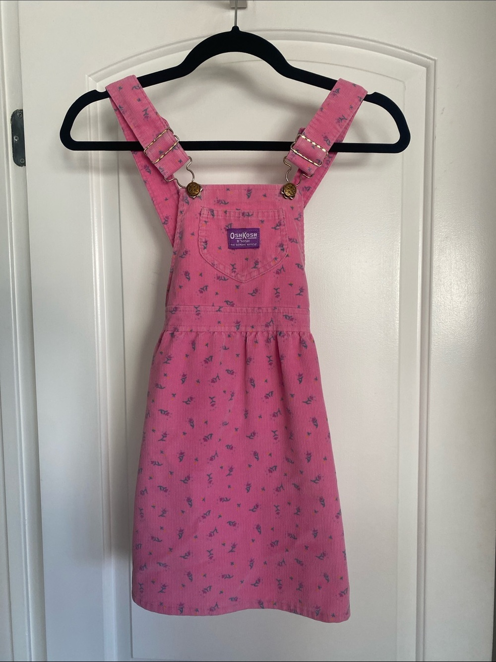 VTG 80s OshKosh B'gosh Pink Corduroy Floral Overall Dress Size 6 Union Made USA